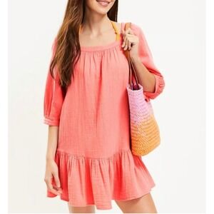 LOFT Square Neck Flounce Gauze Swing Dress in Pink Size Medium